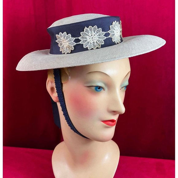 Vintage 1940s 40s Navy Lace Summer Straw Hat Perch Tilt Ribbon Train - Picture 1 of 4